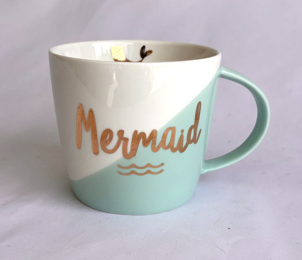 Slant Mermaid White Mint Green Gold Design Porcelain Coffee Tea Cup Mug